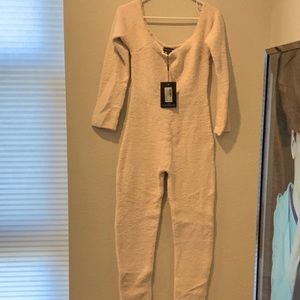 Pretty Little Thing maternity cream fluffy knitted Bardot jumpsuit